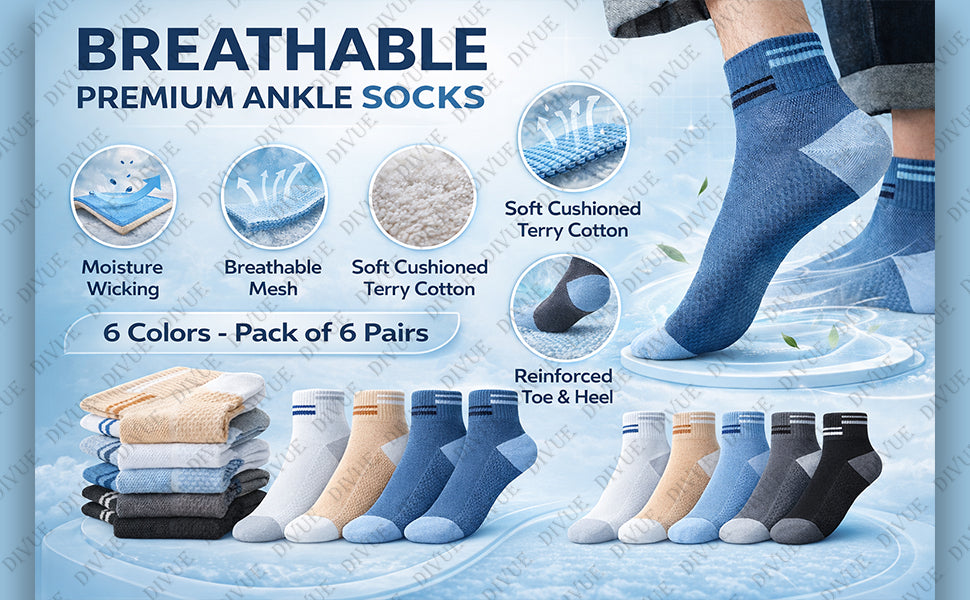 Premium Cotton Ankle Socks for Men & Women (Pack of 6) – Breathable & Anti-Odor