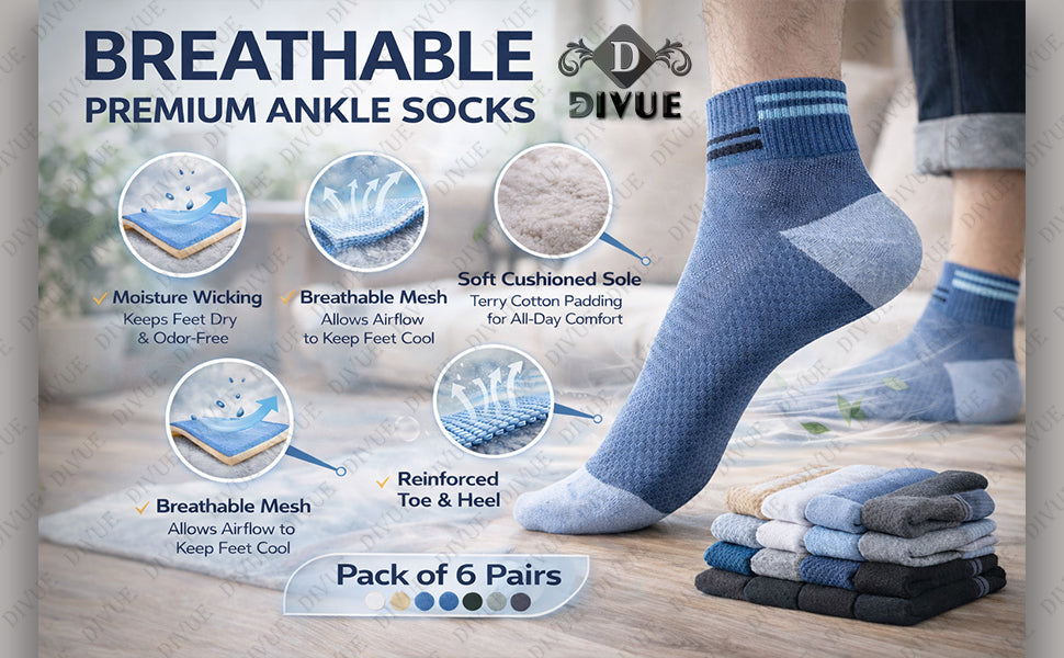 Premium Cotton Ankle Socks for Men & Women (Pack of 6) – Breathable & Anti-Odor