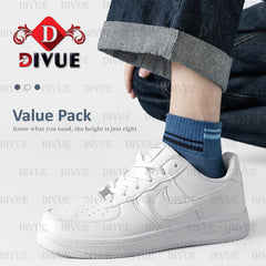 Person wearing blue socks with white sneakers on a white background, featuring the DIVUE brand. Cotton Ankle Socks Pack of 6