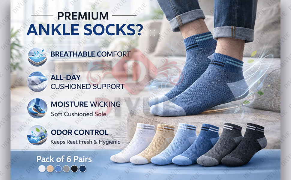 Premium Cotton Ankle Socks for Men & Women (Pack of 6) – Breathable & Anti-Odor