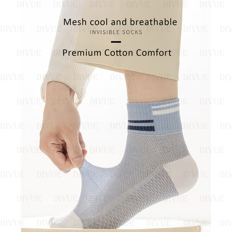 Gray and white sock with text highlighting mesh, cool, breathable, and premium cotton comfort. Cotton Ankle Socks Pack of 6